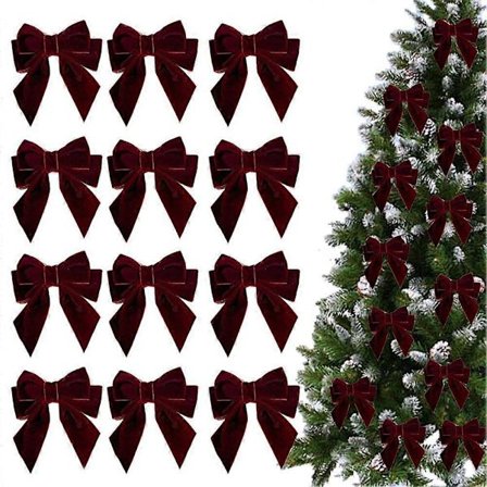 12 stk. fløyelsløyfer til juletre, røde sløyfer julepynt