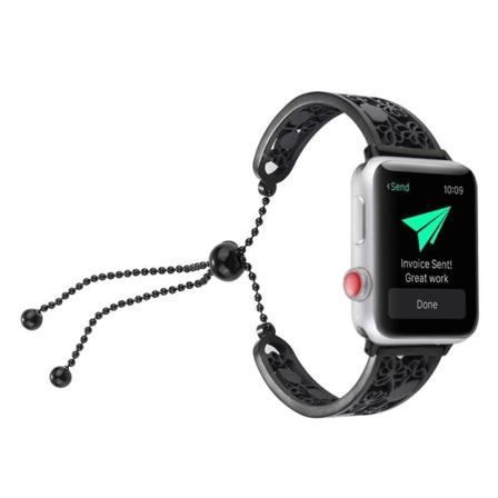 Apple Watch 38mm erstatnings urrem i stainless stål med blomster dekoration - Sort Black