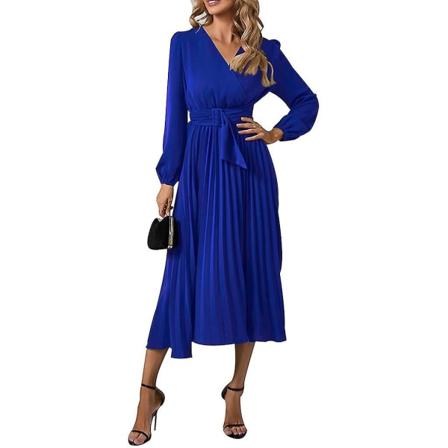 Elegant långärmad midiklänning för kvinnor med bälte för bröllopsgästkontorsklänningar för fest Blue XL