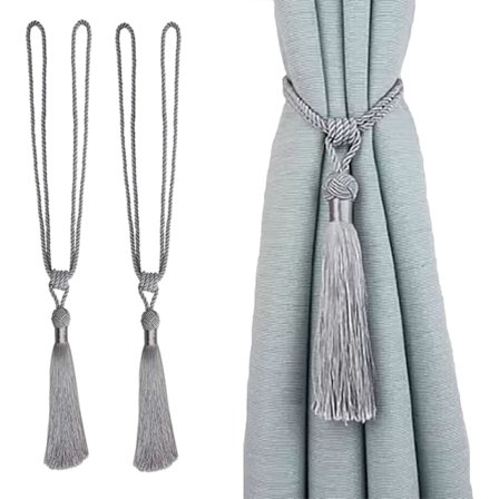 2-pack handgjorda gardinomtag av rep med tofsar för hemmakontorsinredning (Silver, 2)