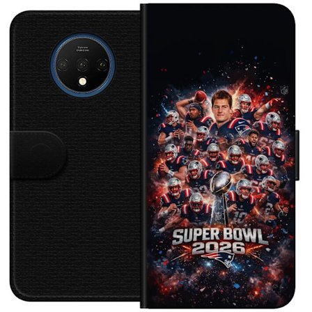 Yhteensopiva Lompakkokotelo OnePlus 7T Super Bowl 2026 juliste, jossa New England Patriots ja NFL-mestaruuspalkinto räjähtävän urheilullisessa suunnit