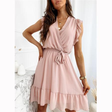 Sommar Boho Klänning Casual V-ringad Svart Rosa Volanger Midi Elegant