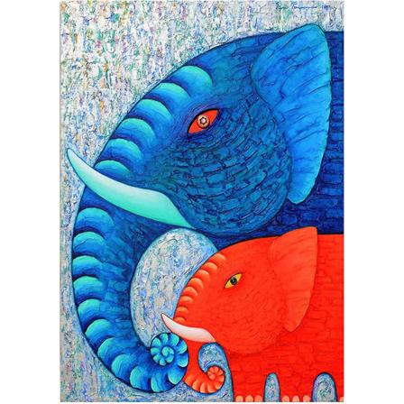 Full Diamond Painting, Blå Rød Elefant Babydyr Diamond Painting DIY 5D Mosaikkmaleri Nummer Krysssting