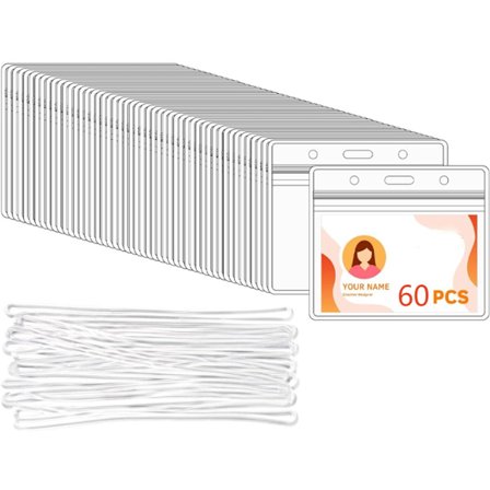 ING 60x Horisontale PVC ID-badgeholdere - Med 60 ringer - Transparent ID-badgeholder - 10x7,5 cm - Transparent ID-kortholder - Vanntett horisontal