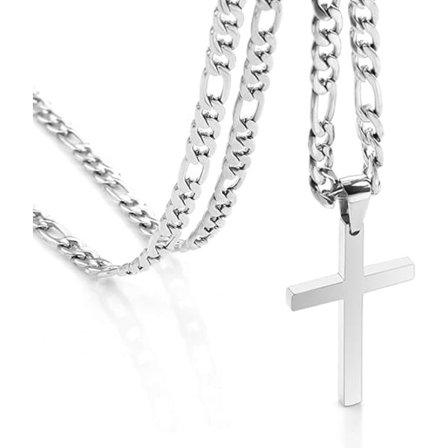 Halskæde med kors til mænd - Rustfrit stål sølv/guld massivt korsvedhæng enkelt smykke, 61 cm 3:1 Figaro-kæde, 4/5/6 mm bredde