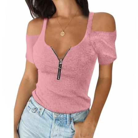 Naisten Pure Color Casual Summer Top T-paita vetoketjulla Pink 3XL
