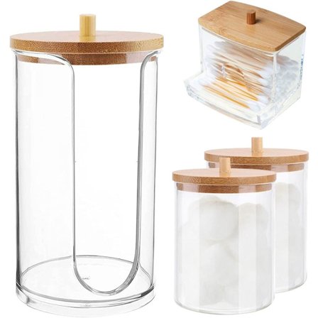 4 stk Akryl Qtip Dispenser Gjennomsiktig bomullspinne med bambusdeksel Firkantet støvtett farmasøytoppbevaringsboks Baderomsbeholder