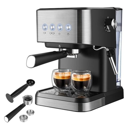 Aeomjk 15 Bar Espressomaskin 1050W Allt-i-ett Halvautomatisk Kaffebryggare med Mjölkskummare Ångstav, 1,5L Vattentank, Kaffeportafilter