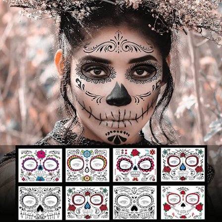 8-pack Dagen de Muertos sockerdödskalle ansikts-tatueringar - Tillfälliga tatueringar för Halloween-sminkning - Tatueringsdekaler för Halloween-