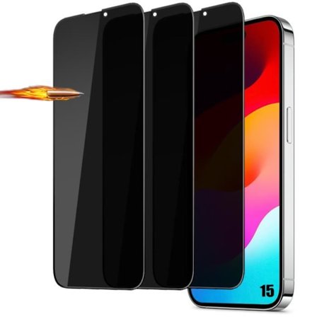 Beskyttelsesfilm - hærdet glas - til iPhone 15 - anti-spion - nem installation - 3 stykker