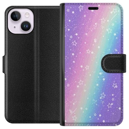 Kompatibel Tegnebogsetui til Apple iPhone 15 Rainbow-farvet pastelbaggrund med hvide stjerner og glitrende prikker i blød overgang