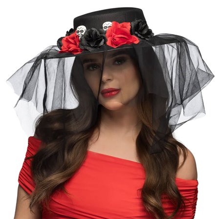 Svart Hatt med Döskallar, Blommor & Slöja