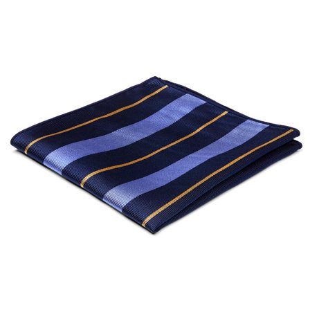 Ciemnogranatowa poszetka jedwabna w pastelowe niebiesko-złote paski dla mężczyzn - Wzorzyste poszetki
