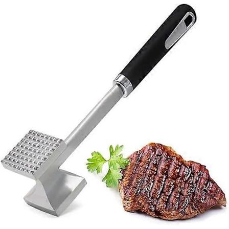 Kjøttmører med dobbel hammerfunksjon - Flat og teksturert side for å møre opp stek, biff, fjærkre - 10,8'' lang, svart og sølv