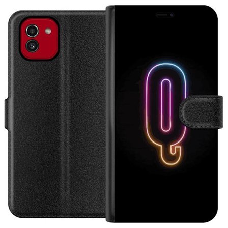 Kompatibel Tegnebogsetui til Samsung Samsung Galaxy A03 Minimalistisk neonbogstav Q i lyse farver mod mørk baggrund