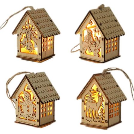 Lysende Julehus i Tre 4 STK Julepynt Dekor LED Lys DIY Trehytte for Juletre Vindu Barneromsdekorasjoner