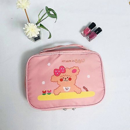 Rosa blomsterbjørn Korea ins bjørn makeup taske sød japansk studerende opbevaringstaske pige bærbar rejse toilettaske stor kapacitet 25*18*6cm (LGL)