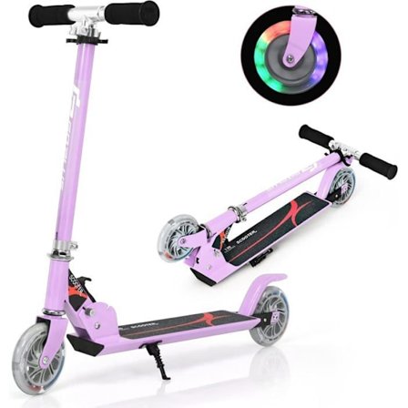 Sammenklappelig Scooter Børn 4 til 13 År COSTWAY - 2 Hjul PU LED Blinkende - 3 Justerbare Højder - Belastning 70kg - i Aluminium - Lavendel