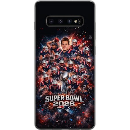 Kompatibel Mobilcover til Samsung Galaxy S10 Super Bowl 2026 plakat med New England Patriots og NFL-pokal i eksplosiv sportsdesign