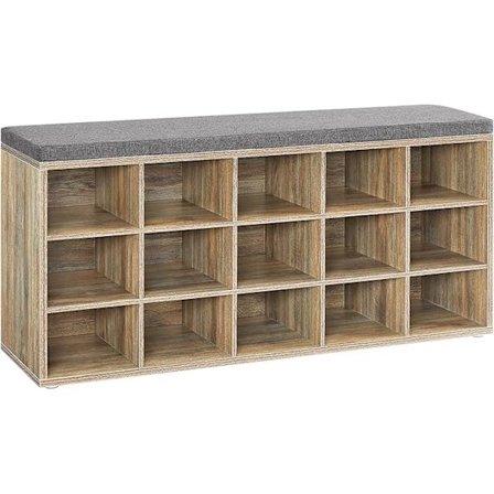 Kenkähylly, Kenkäpenkki istuimella, Kenkäkaappi pehmusteella, 30 x 105 x 48 cm, Tammi ja Harmaa