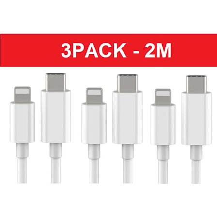 3-pack 2m Lightning-kabel laddning och dataöverföring 2st USB-C Vit