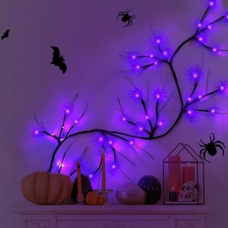 Halloween-koristekranssi hämähäkkilyhdyillä, Halloween Violetti Hämähäkkilyhty 6.5FT 48LED Paristoilla Toimivat Halloween-koivunokset