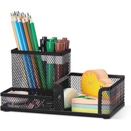 Mesh Pen Blyantholder Skrivebord Organizer, 3 Rom Tråd Skrivebord Pen Blyant Kopp Caddy Kontorrekvisita Skrivebordstilbehør for, Svart
