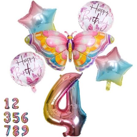 Fjärilsballong födelsedagsdekoration 4 år set - Fjärilsfest, Nummer 4 ballong rosa regnbåge, Folieballong djur Grattis på födelsedagen dekorationer