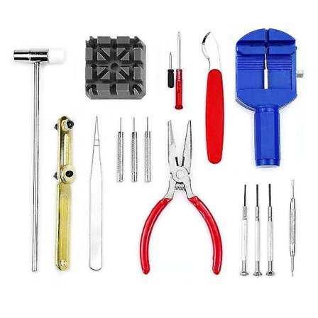 16-delt sett med verktøy for reparasjon av klokker, inkludert reimjustering
