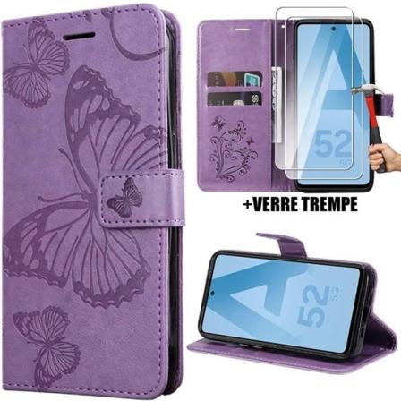 Etui + 2 hærdede briller til Samsung Galaxy A52 4G-5G A52s 5G, lilla syntetisk læder flip-etui med elegant sommerfuglemønster