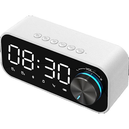 Vit tung subwoofer mini Bluetooth-högtalare med kort dubbelt väckarklocka