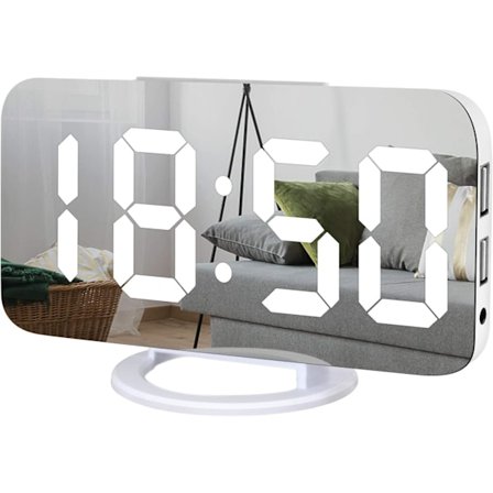 Digitalt vækkeur, stort LED-spejldisplay, 2 USB-opladnings porte, automatisk dæmpningstilstand, moderne designur til soveværelse kontor
