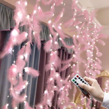 300 LED Pink Fjer Fairy Lyskæde med 8 Lystilstande Fjernbetjening Romantisk Vægforhæng Dekoration til Bryllup Fødselsdagsfest Soveværelse