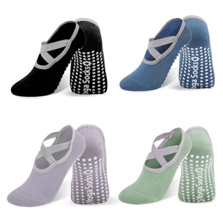 Yoga Sokker Pilates Sokker, 4 Par Skridsikre Grip Sokker til Kvinder (Sort + Lyseblå + Lilla + Smaragdgrøn)