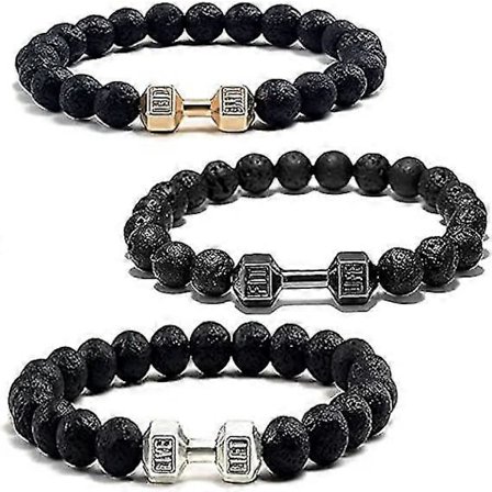 3-pack Traintough Hantel Armband, Högkvalitativt Armband för Män med Pärlor, Vulkanisk Lavasten, Hantel Armband, Presenter till Män