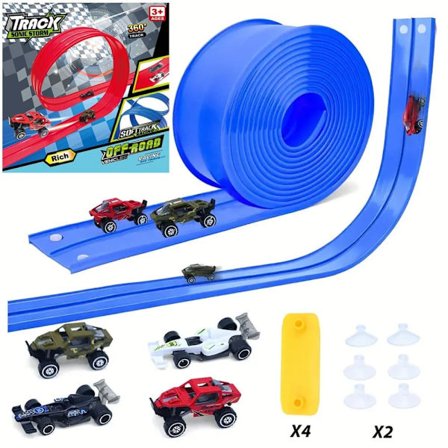 5m Fleksibel Bilbane til Børn – Dobbelrettet Racerbane med 4 Biler & Sugekopper, Rulbar, Legetøjsbilbane 3+