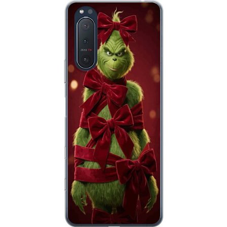 Kompatibel Mobilcover til Sony Sony Xperia 5 II Grinch-figuren dekoreret med røde velourbånd i en festlig studieindstilling med legende og humoristi