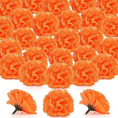 50 stk. Morgenfrue Blomsterhoveder Bulk Kunstige Blomster med Stængler DIY Morgenfrue Guirlande Day of The Dead Dekoration Dia De Los (Orange, 6 cm)