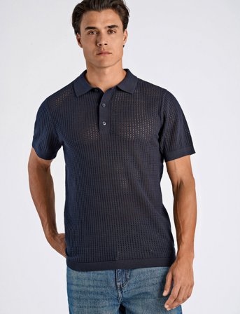 Lindbergh Crochet Knitted S/S V-Neck Polo - Navy - XXL