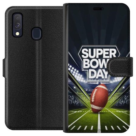 Yhteensopiva Lompakkokotelo Samsung Galaxy A40 Super Bowl Day juliste, jossa amerikkalainen jalkapallo valaistuksella varustetulla areenalla dramaatti