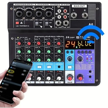 6-kanals Bluetooth-lydmikser, USB-lydkort, 48V fantomstrøm, for podcast og musikkproduksjon