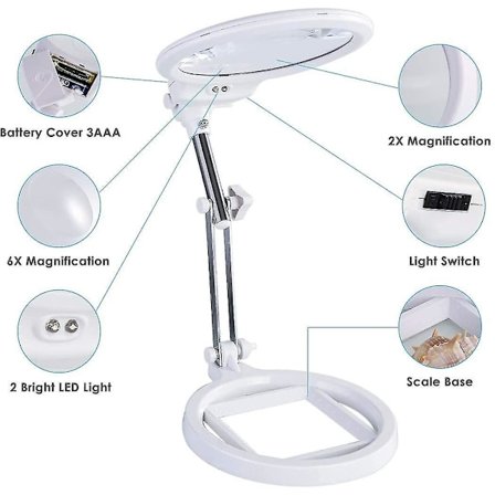 Large Desktop Magnifier, 2x 6x Folding Manual Table Magnifier, Portable Led Illuminated Magnifying Lamp With Stand, For Reading, Embroidery, Explorati