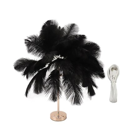 Bordlampe med strudsefjer, genopladelig, moderne, romantisk dekorativ lampe, soveværelseslampe, natbordslampe til boligindretning sort