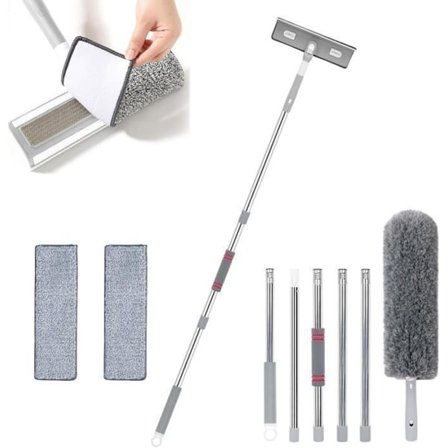 (Grå) 207 cm vinduesskraber med teleskophåndtag, 4-i-1 gulvskraber med 2 rengøringsklude til høje indvendige vinduer