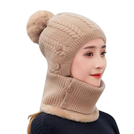 3 i 1 Vinter Strikket Lue Hette Ansikt Hals Varmer Sett For Kvinner Jenter Fleece Fôr Ski Luer Med Pompom(Khaki)