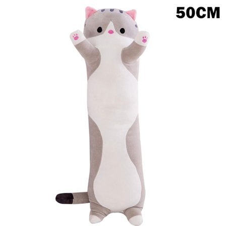 Myk Sovende Kattefigur Pute Kosedyr Dukke Lang Sylindrisk Plysjleke for Barn Voksen 50/70/90 cm Lang Grå