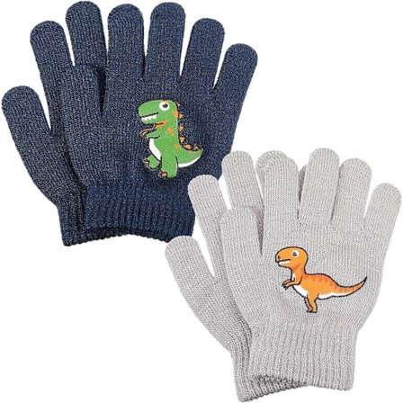 2 stk. Strikkede Vinterhansker - Magisk Stretch Myk Varm Termisk Hel Finger Barn Dinosaurmønster For Gutter Jenter, Marineblå Og Grå, Svart, 15,24 x 