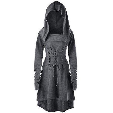 Retro Womens Solid Renaissance Medieval Costume Gothic Long Sleeve Lace Up Hooded Dress -a