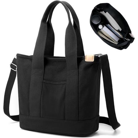 Multi-fick Tote Bag - Canvas Crossbody Väska med Justerbar Rem, Stor Kapacitet Axelväska, Svart
