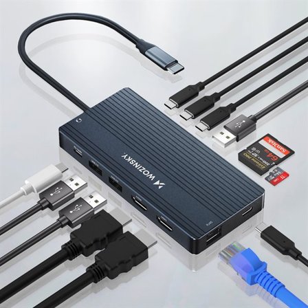 USB-C Hub 14 i 1 Wozinsky WDS03Y5S - aluminium, 4K for tre skjermer, 100 W PD, 10 Gbps